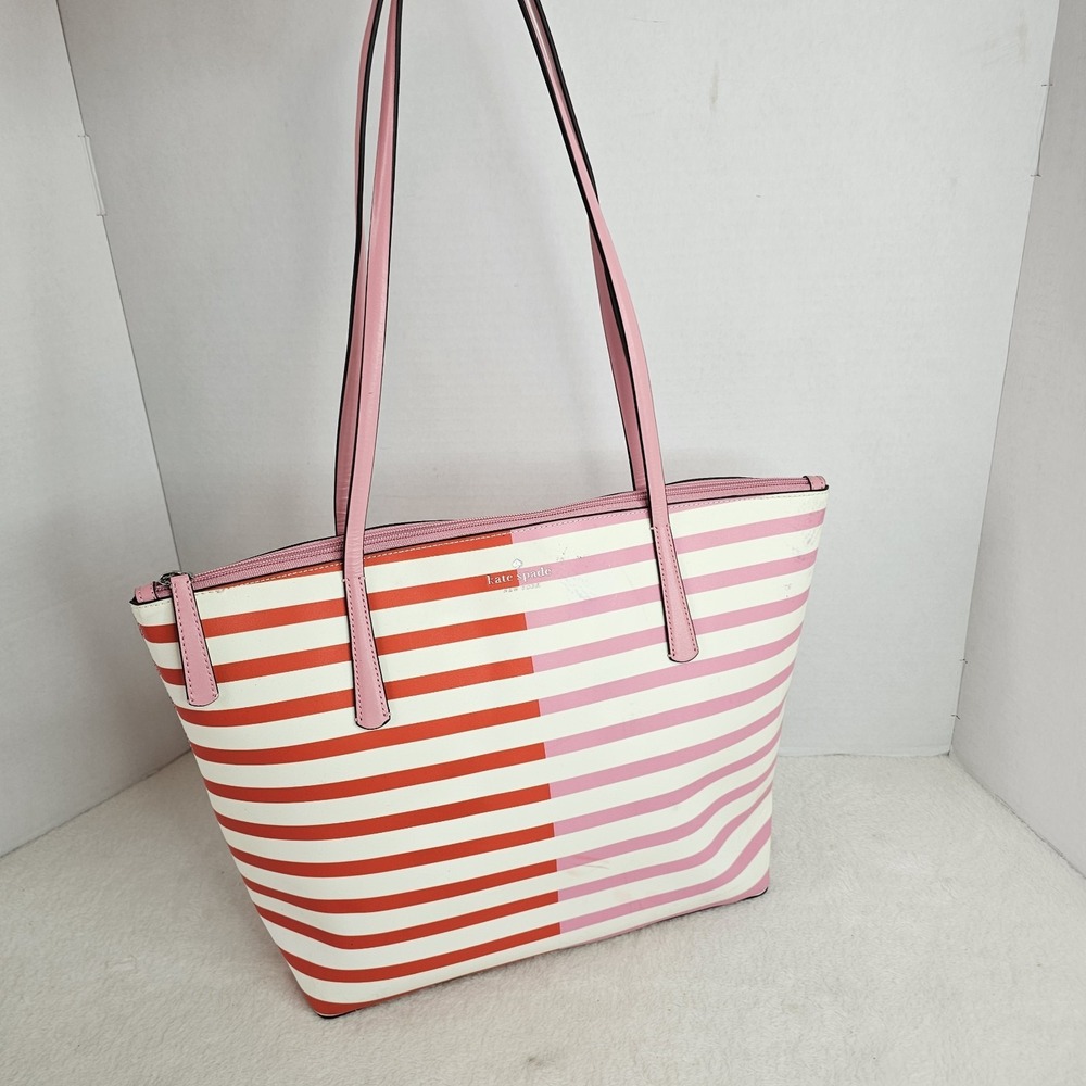 Kate Spade New York Red Pink Striped Tote Bag Zip Top Shoulder Bag